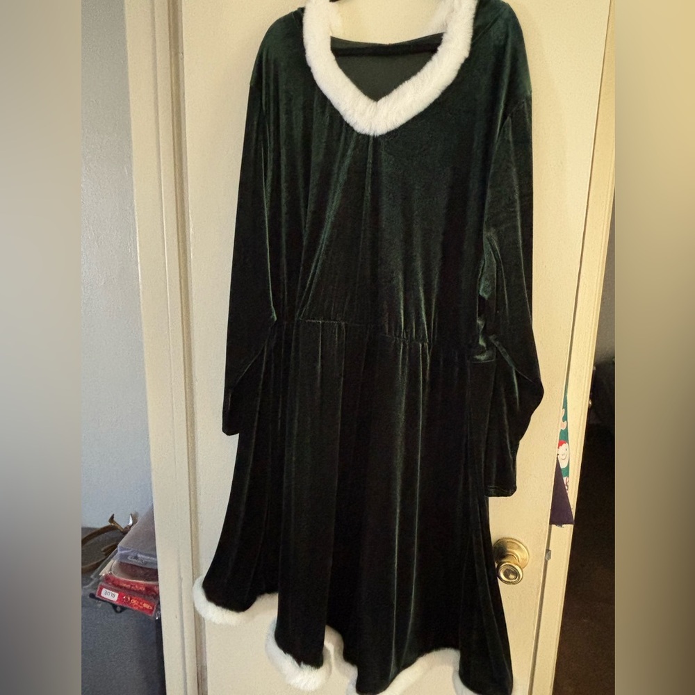 Green Velvet Dress with White Trim and hood New w/o tags 5x